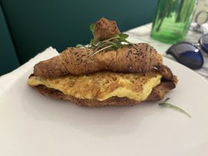 Breakfast sandwich egg cheese sausage carmelized onions   at Garden Carver in Brooklyn