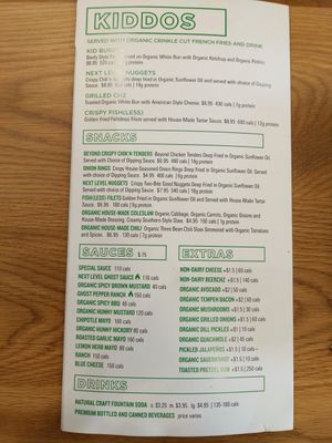 Menu - Kids and extras at Next Level Veggie Grill in Denver