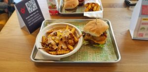 Maverick burger and special fries at Next Level Veggie Grill in Denver