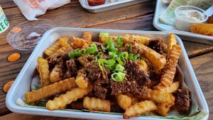 beerchz fries with beyond patty. ok. dry. could be better. where's the chz? at Next Level Veggie Grill in Denver