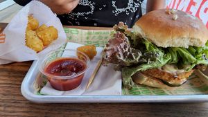 fire chikn burger with tater tots. good enough, i guess. at Next Level Veggie Grill in Denver