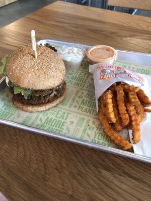 Burger & fries  at Next Level Veggie Grill in Denver
