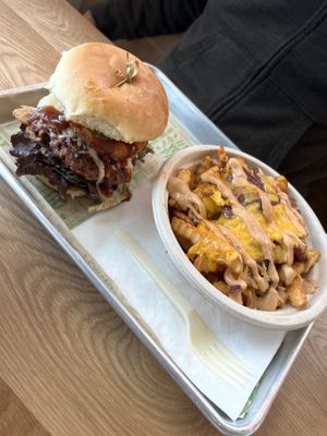 The Maverick burger and Special Style fries (animal style!)  at Next Level Veggie Grill in Denver