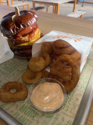 Onions rings and dipping sauce were very tasty.  at Next Level Veggie Grill in Denver