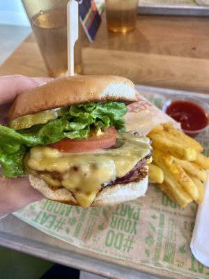 The American burger with Gouda cheese and house special sauce (you get to pick your cheese and sauce). Added red onion.  at Next Level Veggie Grill in Denver