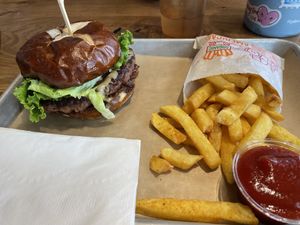 burger and fries  at Next Level Veggie Grill in Denver