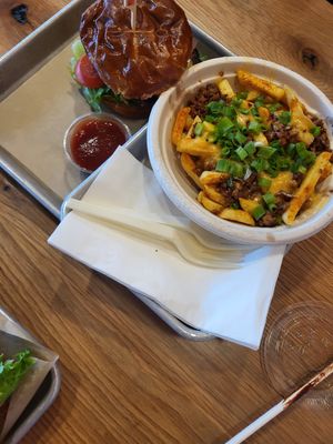 Cheese fries burger at Next Level Veggie Grill in Denver
