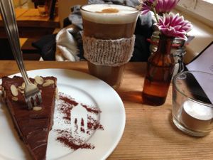 Chocolate cake (kind of like mousse) and soy latte at Freckles in Berlin