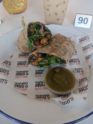Vegan burrito sub kale for fresh arugula. Salsa very spicy 🥵 at Ingo's Tasty Food in Phoenix