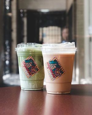 Iced matcha latte + Iced salted sakura latte  at Aiyaohno Cafe in Vancouver