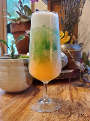 Salted guava kinome sencha ice drink at Aiyaohno Cafe in Vancouver