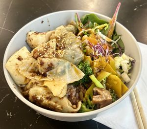 Dumpling bowl with veggies, tofu and rice  at Aiyaohno Cafe in Vancouver