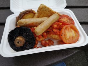 Vegan. Hash browns with their own recipe beans, tos, mushrooms and vegan sausages. at Beats and Roots Cafe in Redruth