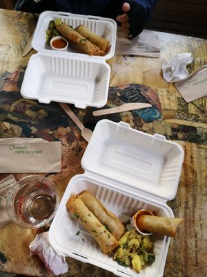 Yummy spring rolls with dipping sauce at Beats and Roots Cafe in Redruth