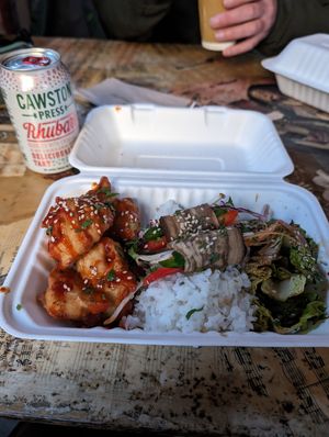 Chilli cauli wings, aubergine rolls, jasmine rice and delicious salad at Beats and Roots Cafe in Redruth