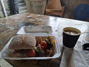 Beanburger and spicy lime soup. at Beats and Roots Cafe in Redruth
