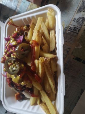 Loaded Dirty Hotdog at Beats and Roots Cafe in Redruth