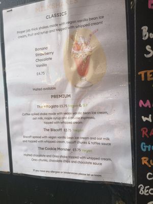 Milkshake menu at Beats and Roots Cafe in Redruth