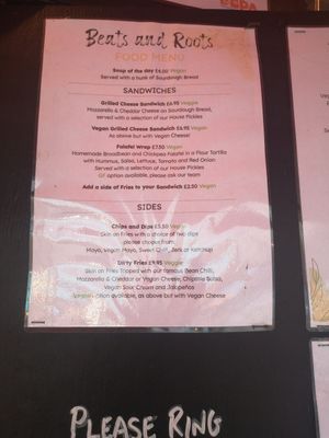 Regular menu at Beats and Roots Cafe in Redruth