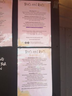 Regular menu at Beats and Roots Cafe in Redruth