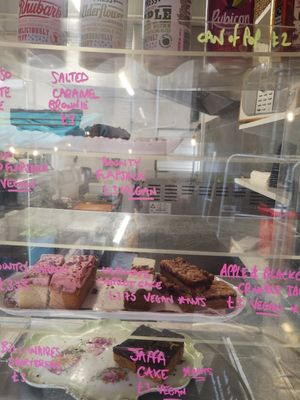 Cake display counter at Beats and Roots Cafe in Redruth