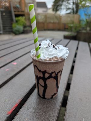 Vegan chocolate milkshake at Beats and Roots Cafe in Redruth