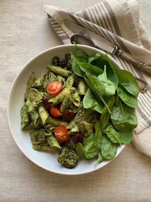 Penne pasta, Raw kale pesto and roasted veggies  at Pumpkin and Kale  in Dubai
