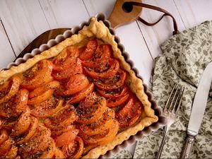Mustard and tomato tart. 
Traditional French Dish  at Pumpkin and Kale  in Dubai