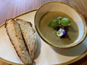 Potato leek soup with fresh bread at Gratitud in San Isidro De El General