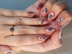 Bio Sculpture Gel manicure with hand painted nail art on natural nails.  at Dreamy Nail Spells in San Diego