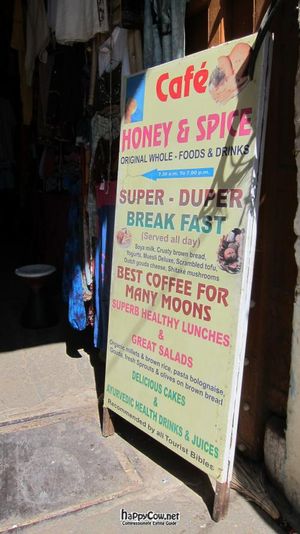 Look for this sign on the street to point you toward the cafe. at Honey and Spice in Pushkar