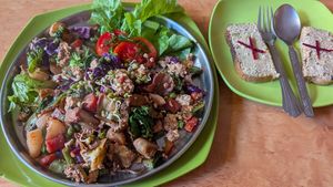 Scrambled tofu. With brown bread and tofu spread. at Honey and Spice in Pushkar