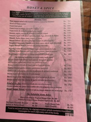 Breakfast Menu Dec 2019 at Honey and Spice in Pushkar