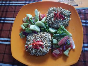 Toast with basil pesto and sprouts at Honey and Spice in Pushkar