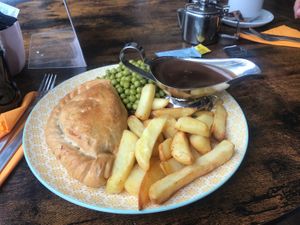 Veg. Pastry with Gravy and Chips  at Wrights Coffee Co in Maryport