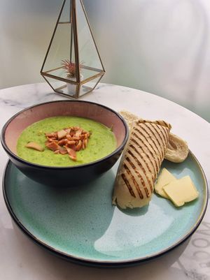 Pea and Facon soup   at The Happy Shroom in Gloucester
