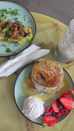 Pancakes and avocado toast - both delicious at The Happy Shroom in Gloucester