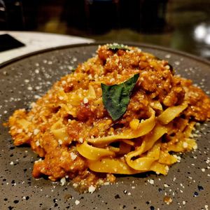 Pasta Bolognese with kumquat (?) sauce at Vegan Amore 蔬慕 in Taipei