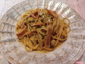 Tagliatelle carbonara with vegan bacon at Vegan Amore 蔬慕 in Taipei