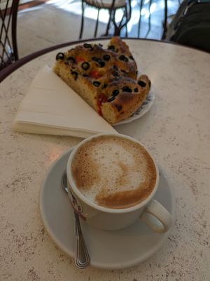 Sourdough Focaccia  and "meia de leite" (half-milk coffee) at Belo Farelo in Porto