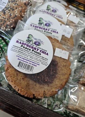 Raspberry chia peace prints at Mandela Food Cooperative in Oakland