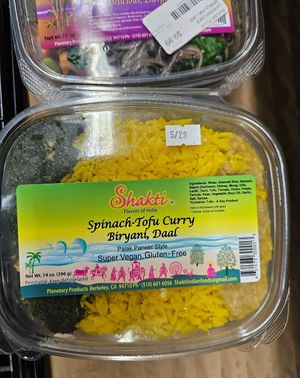 Spinach tofu Curry, biryani, daal, SUPER VEGAN at Mandela Food Cooperative in Oakland