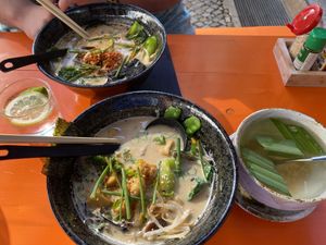 Two different ramen meals and a rice-tea  at Beyond Ramen in Berlin