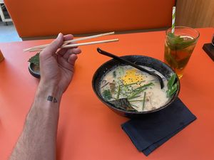 15€ Tonkotsu Style Ramen (kombu vegetable broth, chashu, shiitake, morels, fried egg, pickled cabbage, bean sprouts and leek) and Tokyo on the Rocks ice-tea 5.5€  at Beyond Ramen in Berlin
