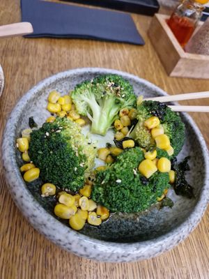 Broccoli with sauce at Beyond Ramen in Berlin
