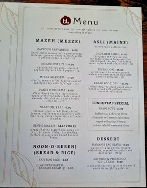 Menu at Mana's Plant-Based Persian Cuisine in London