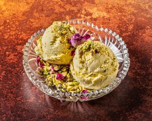 SAFFRON & PISTACHIO ICE-CREAM.
Made with the only spice in the world worth its weight in gold.  at Mana's Plant-Based Persian Cuisine in London