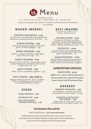 Winter menu. at Mana's Plant-Based Persian Cuisine in London