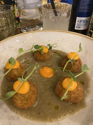 B-road bean and chickpea balls in a creamy aubergine sauce.   at I Morgante Bottegabistro in Agrigento