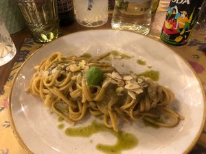 Linguine with creamy aubergine sauce and flakes almonds    at I Morgante Bottegabistro in Agrigento
